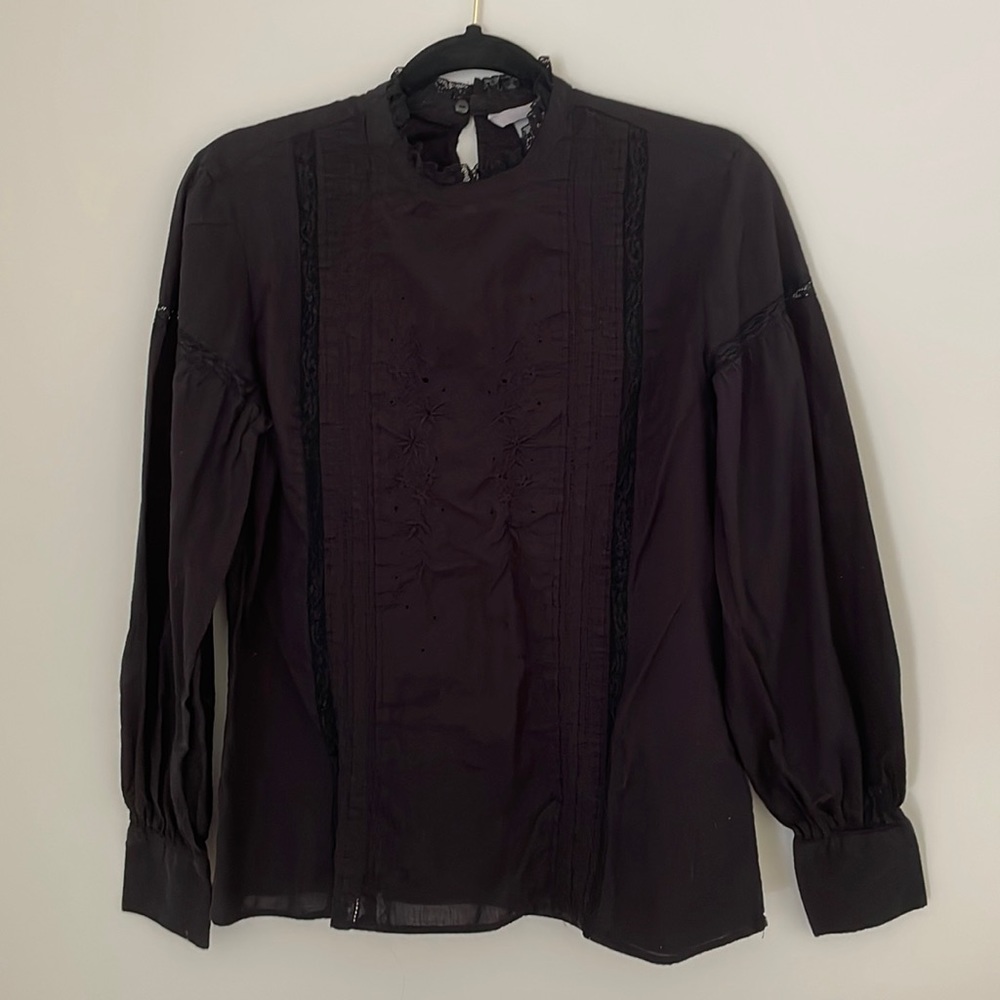 H&M Victorian style black blouse with lace insets and embroidery details